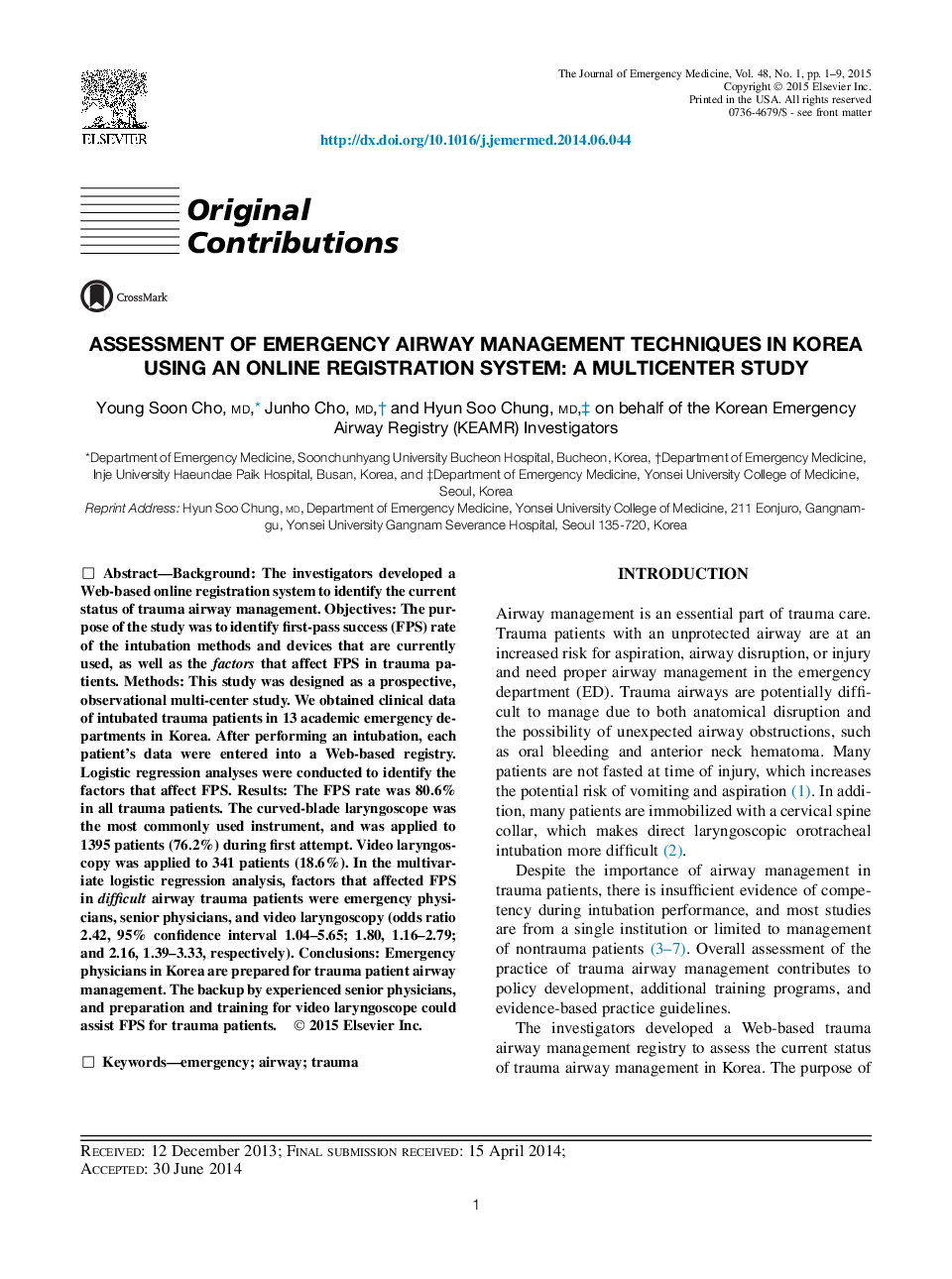 ارزیابی تکنیک های مدیریت اورژانسی هوایی در کره با استفاده از سیستم ثبت آنلاین: یک مطالعه چند مرحله ای 