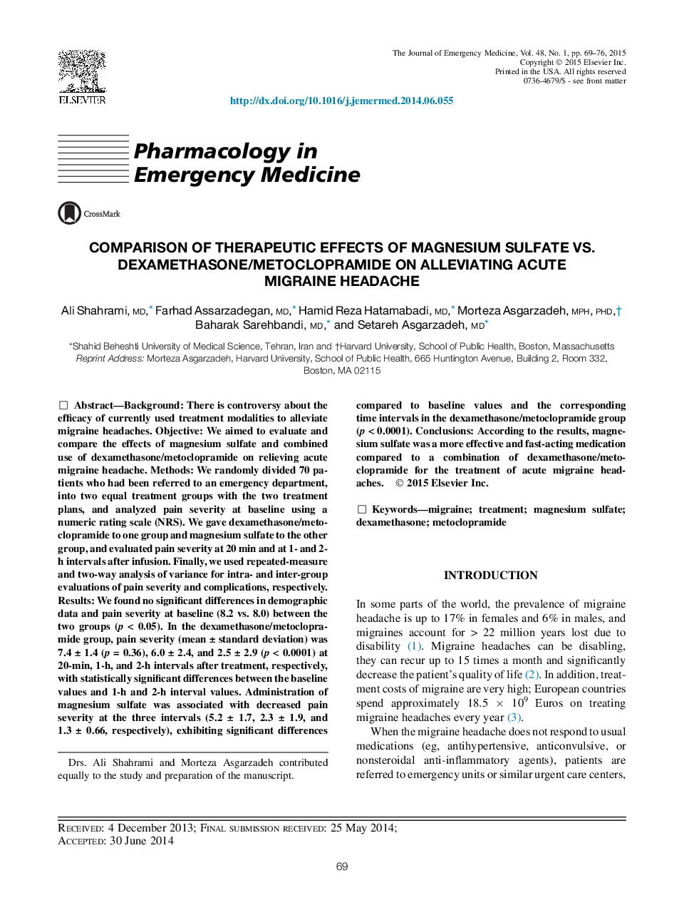 مقایسه اثرات درمان سولفات منیزیم در برابر دگزامتازون / متوسلپامید در کاهش سردردهای میگرنی حاد 