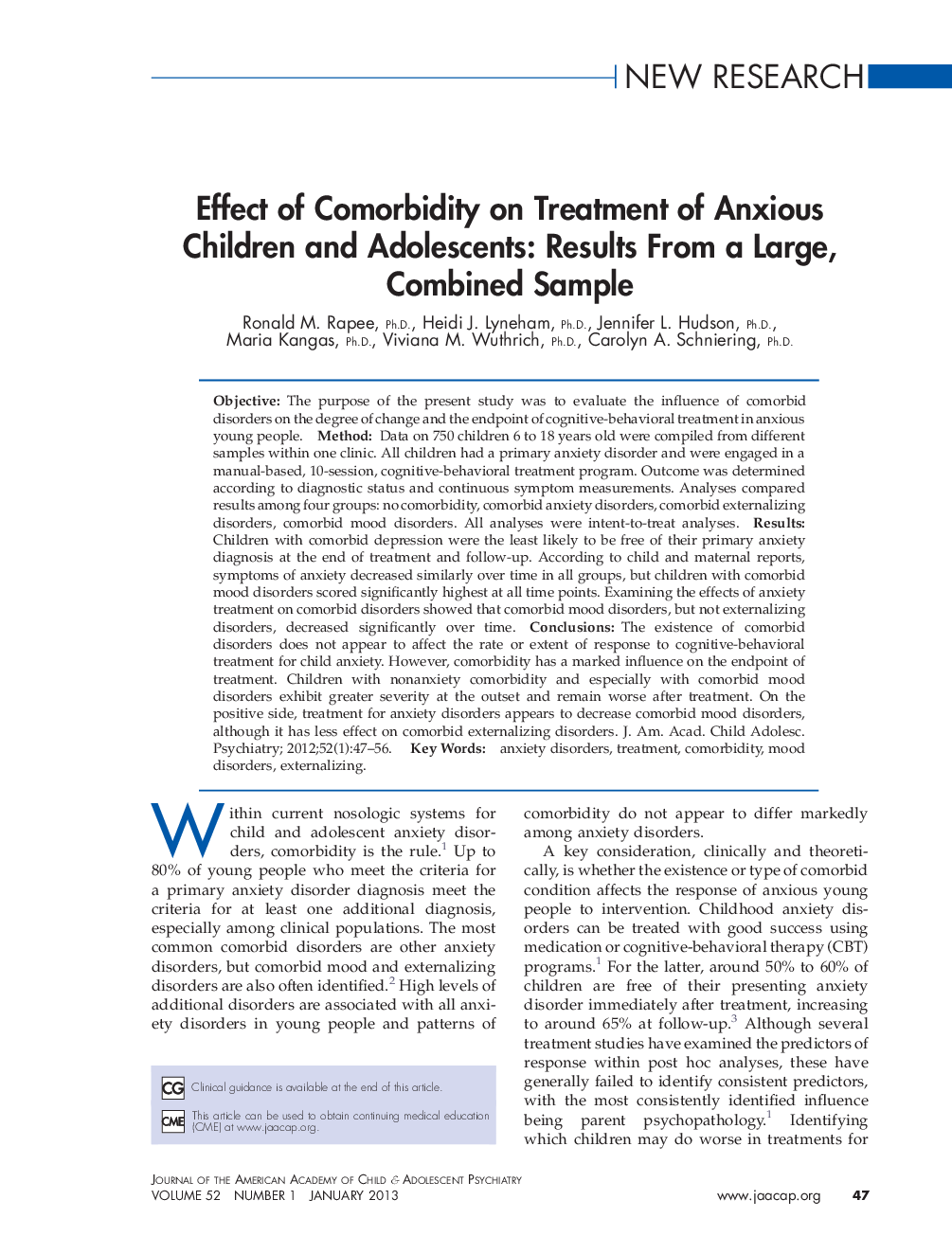 Effect of Comorbidity on Treatment of Anxious Children and Adolescents: Results From a Large, Combined Sample 