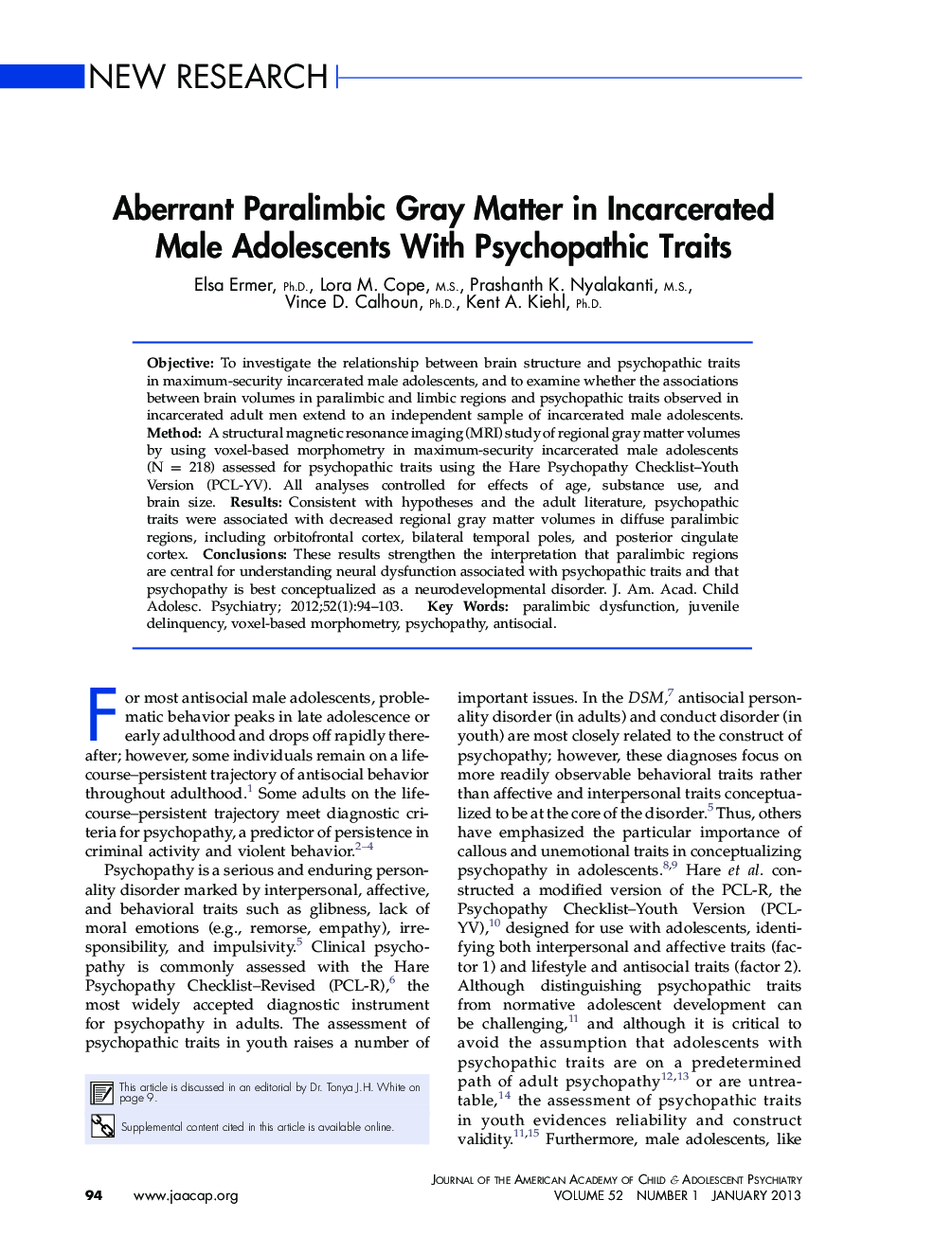 Aberrant Paralimbic Gray Matter in Incarcerated Male Adolescents With Psychopathic Traits