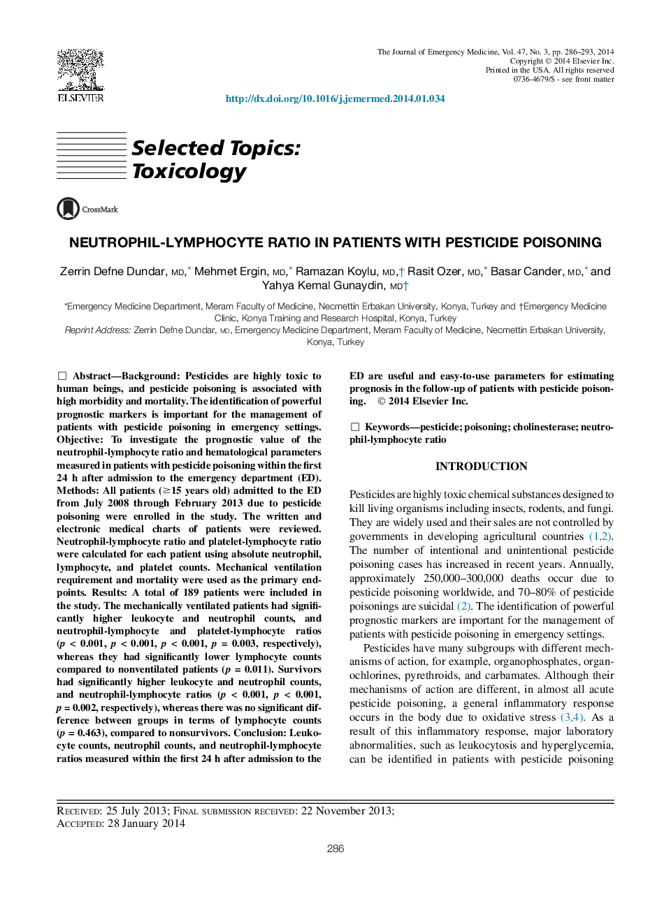 Neutrophil-Lymphocyte Ratio in Patients with Pesticide Poisoning