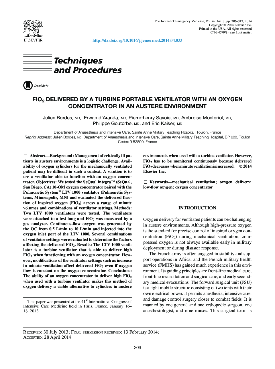 FiO2 Delivered By a Turbine Portable Ventilator with an Oxygen Concentrator in an Austere Environment