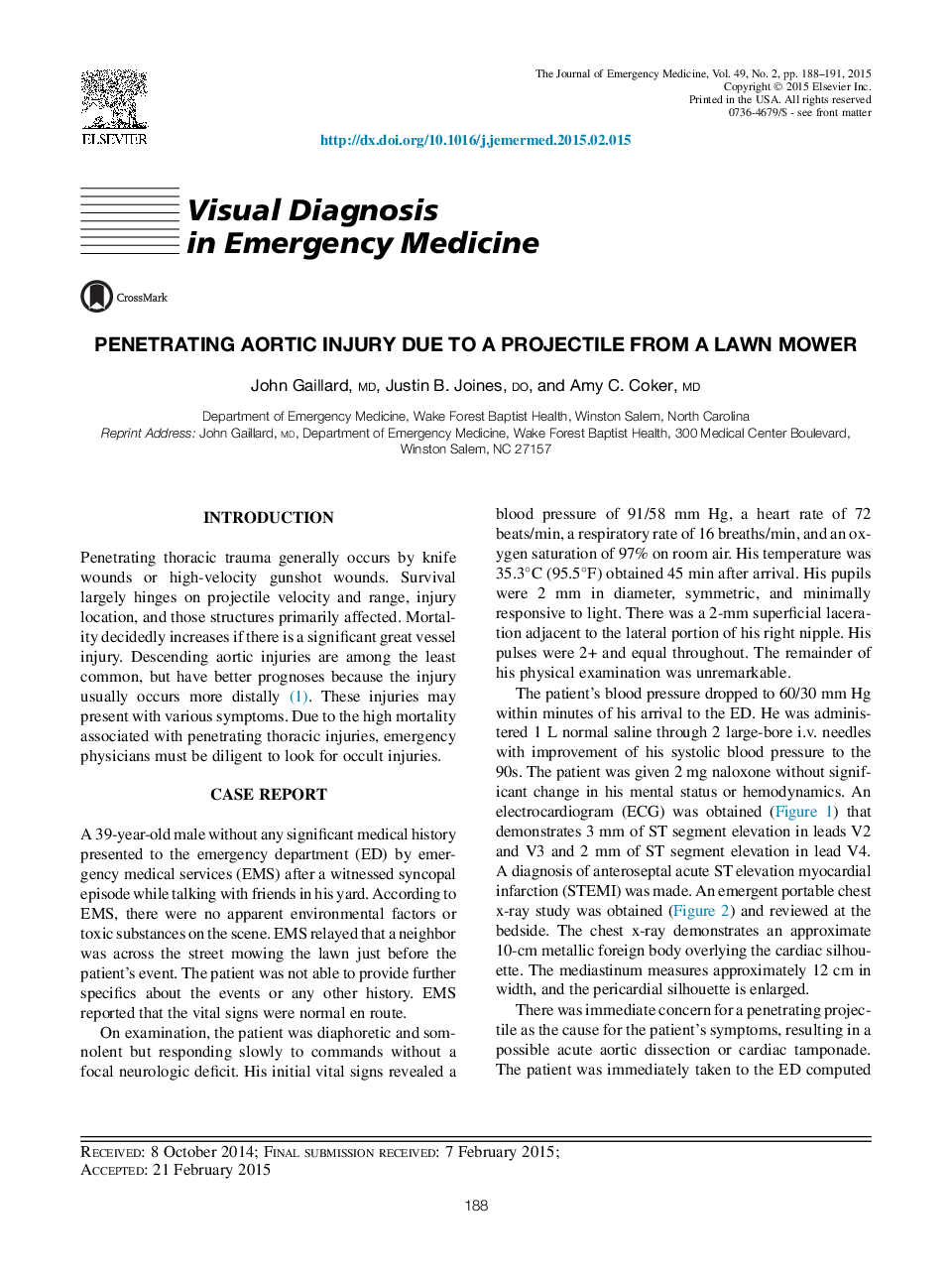 Penetrating Aortic Injury Due to a Projectile From a Lawn Mower