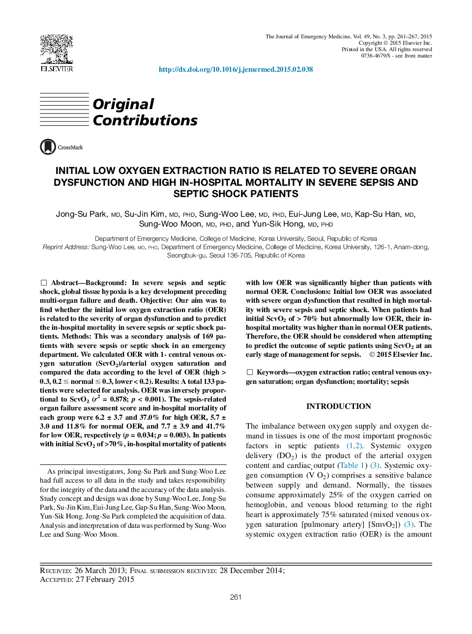 Initial Low Oxygen Extraction Ratio Is Related to Severe Organ Dysfunction and High In-Hospital Mortality in Severe Sepsis and Septic Shock Patients 