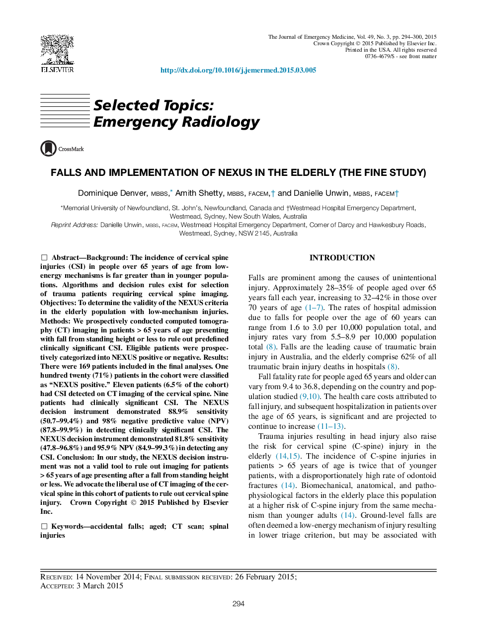 Falls and Implementation of NEXUS in the Elderly (The FINE Study)