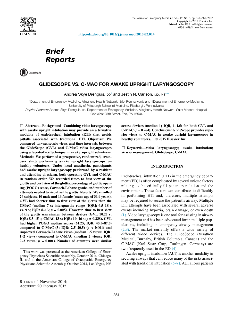 GlideScope vs. C-MAC for Awake Upright Laryngoscopy