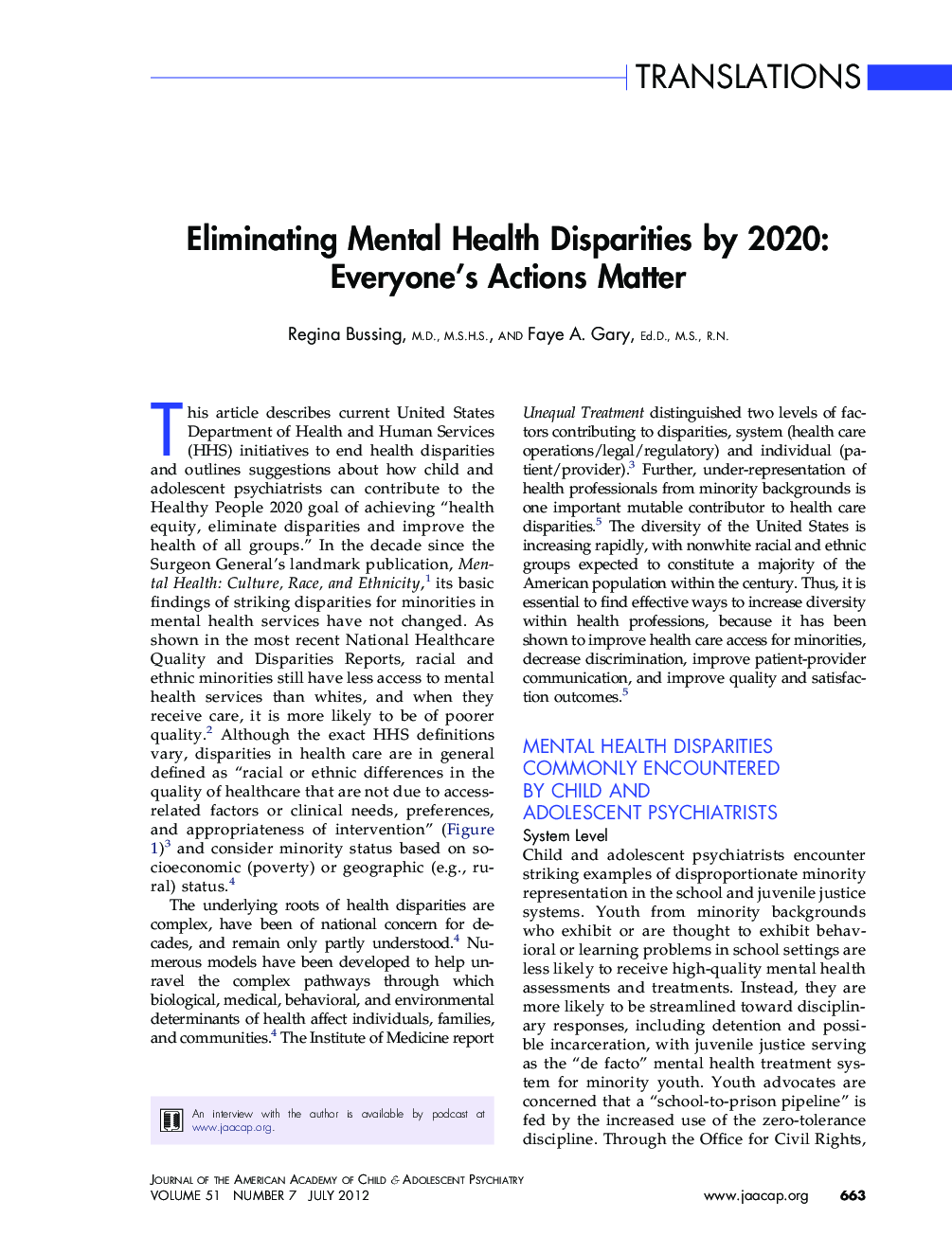 Eliminating Mental Health Disparities by 2020: Everyone's Actions Matter