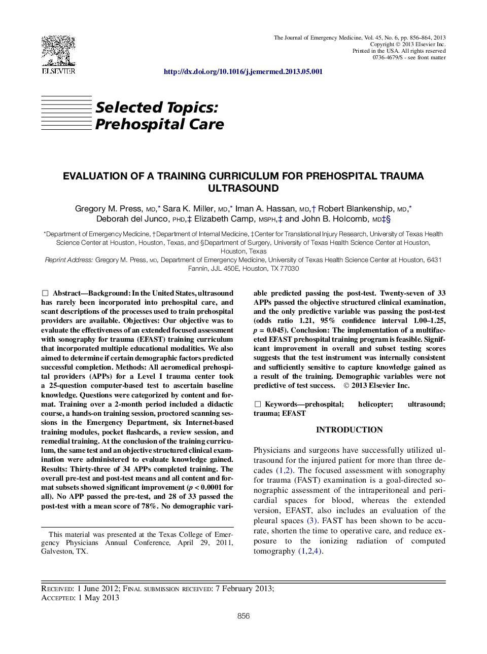 Evaluation of a Training Curriculum for Prehospital Trauma Ultrasound