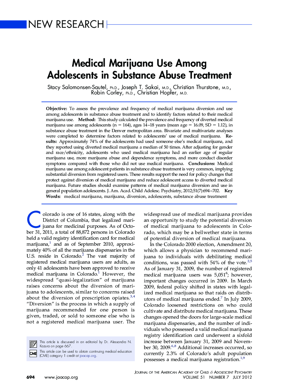 Medical Marijuana Use Among Adolescents in Substance Abuse Treatment 