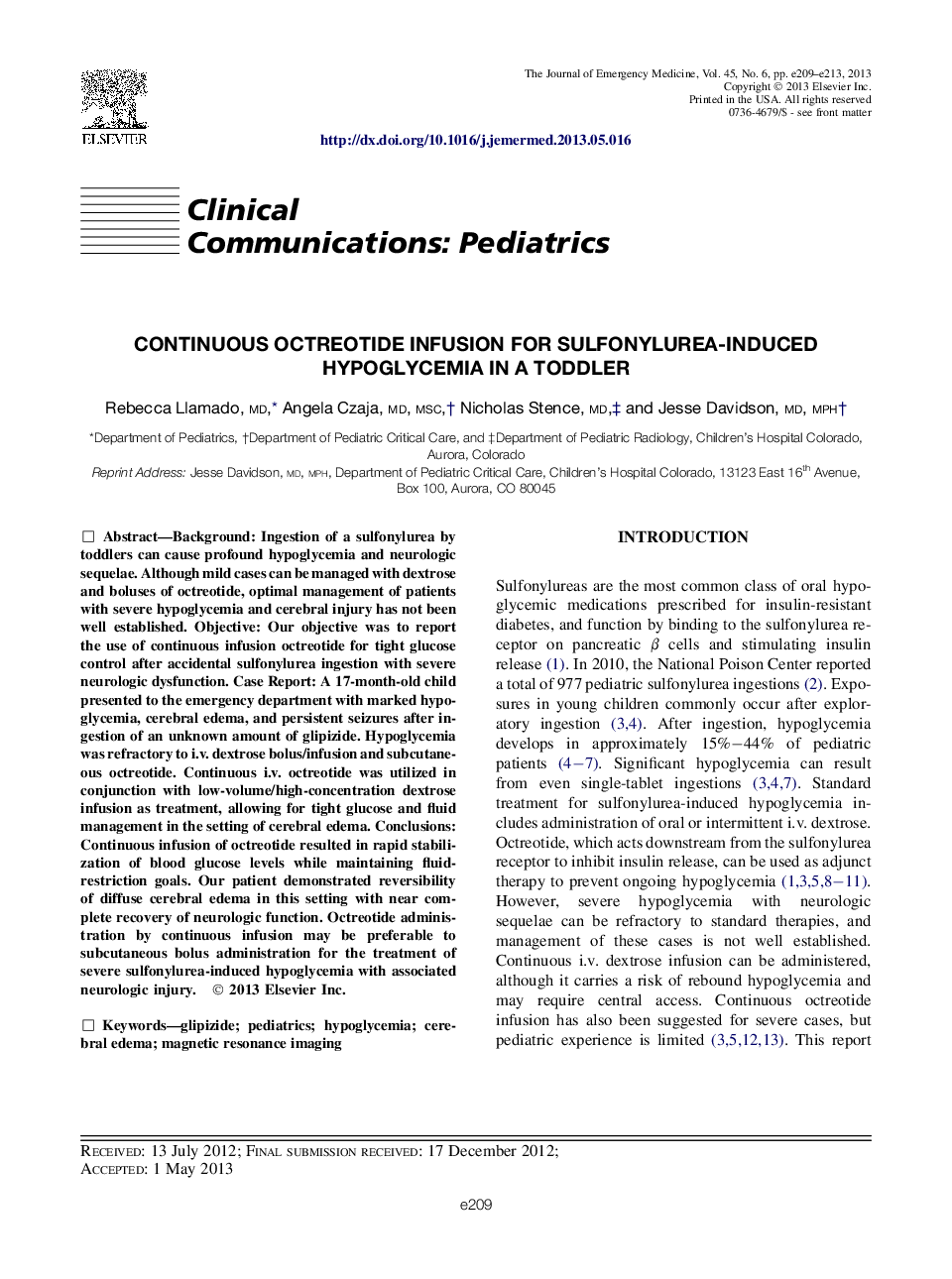 Continuous Octreotide Infusion for Sulfonylurea-Induced Hypoglycemia in a Toddler