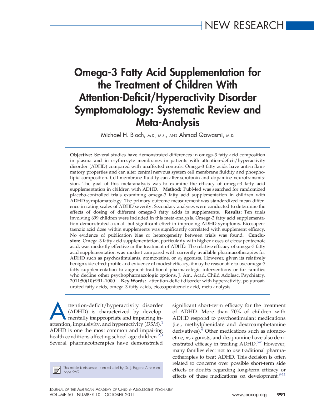 Omega-3 Fatty Acid Supplementation for the Treatment of Children With Attention-Deficit/Hyperactivity Disorder Symptomatology: Systematic Review and Meta-Analysis 