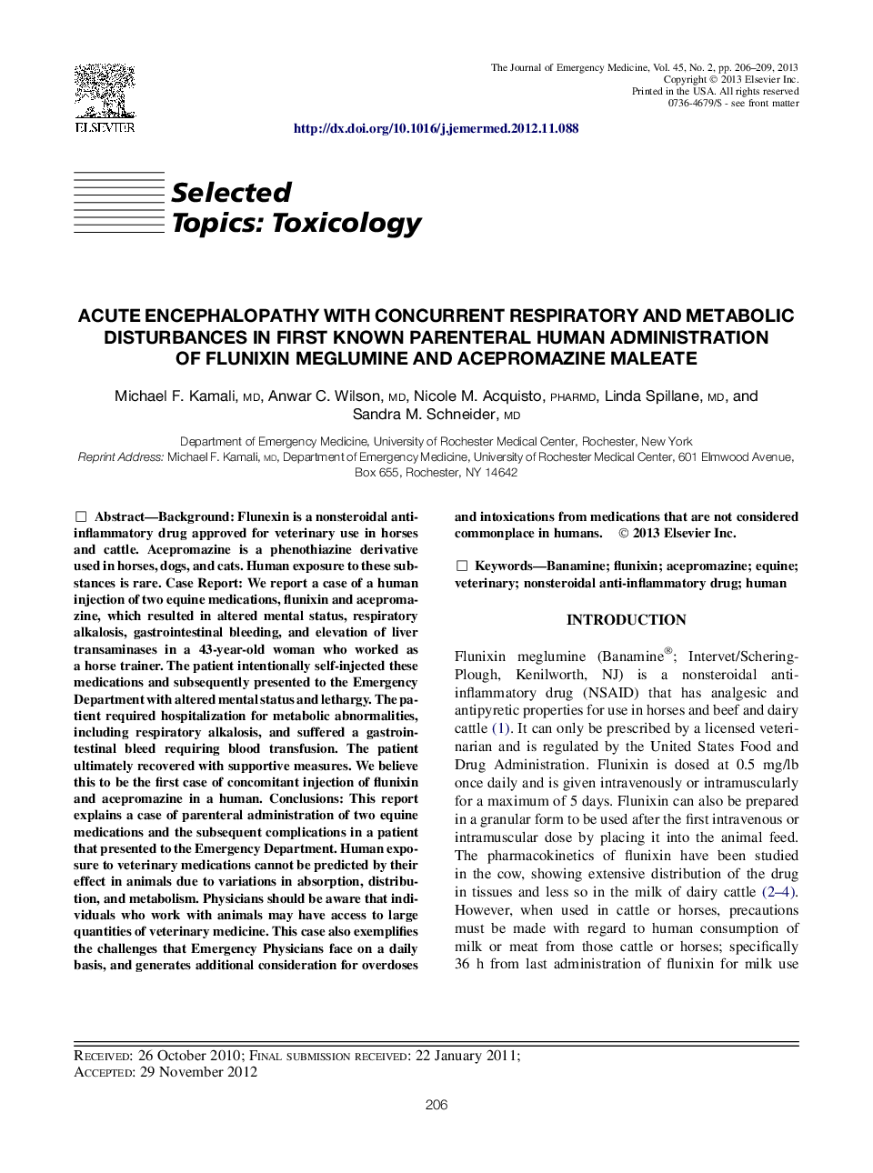 Acute encephalopathy with concurrent respiratory and metabolic disturbances in first known parenteral human administration of flunixin meglumine and acepromazine maleate