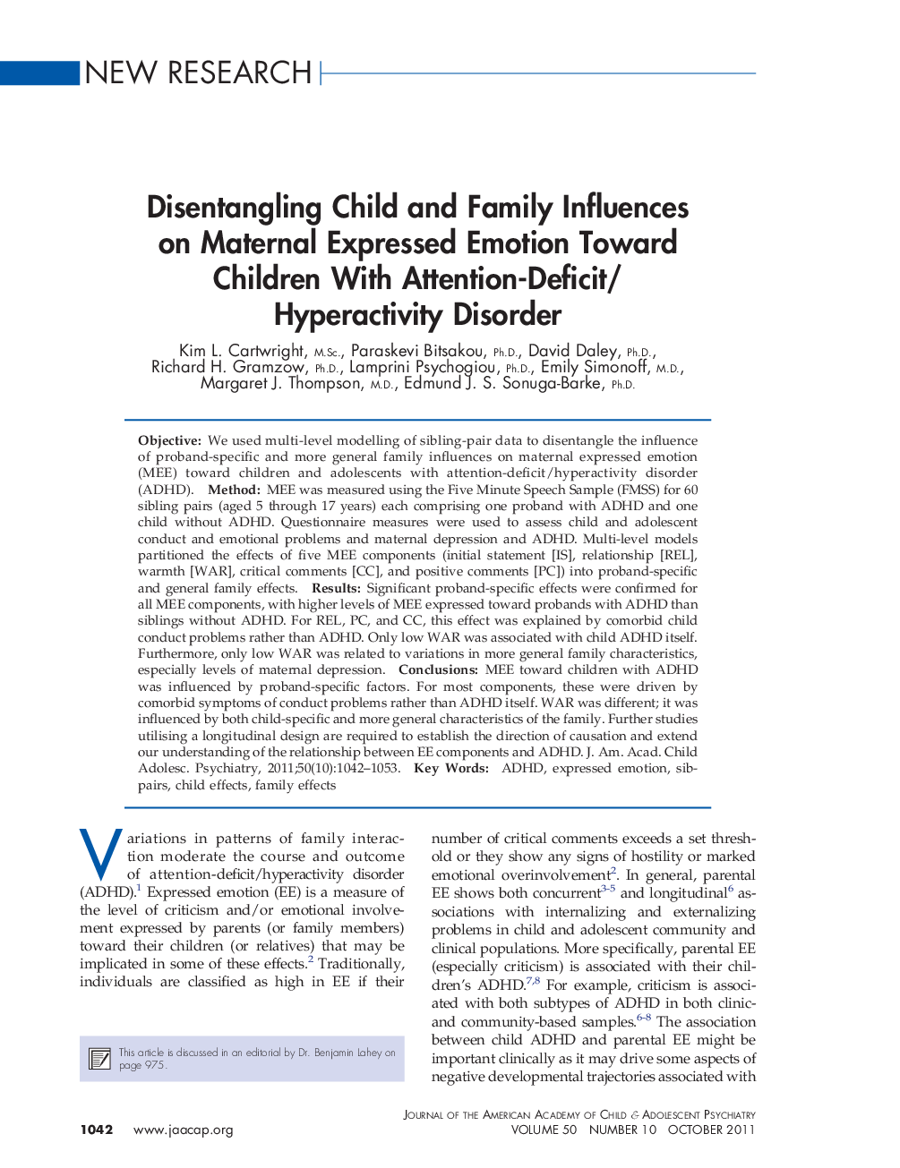 Disentangling Child and Family Influences on Maternal Expressed Emotion Toward Children With Attention-Deficit/Hyperactivity Disorder 