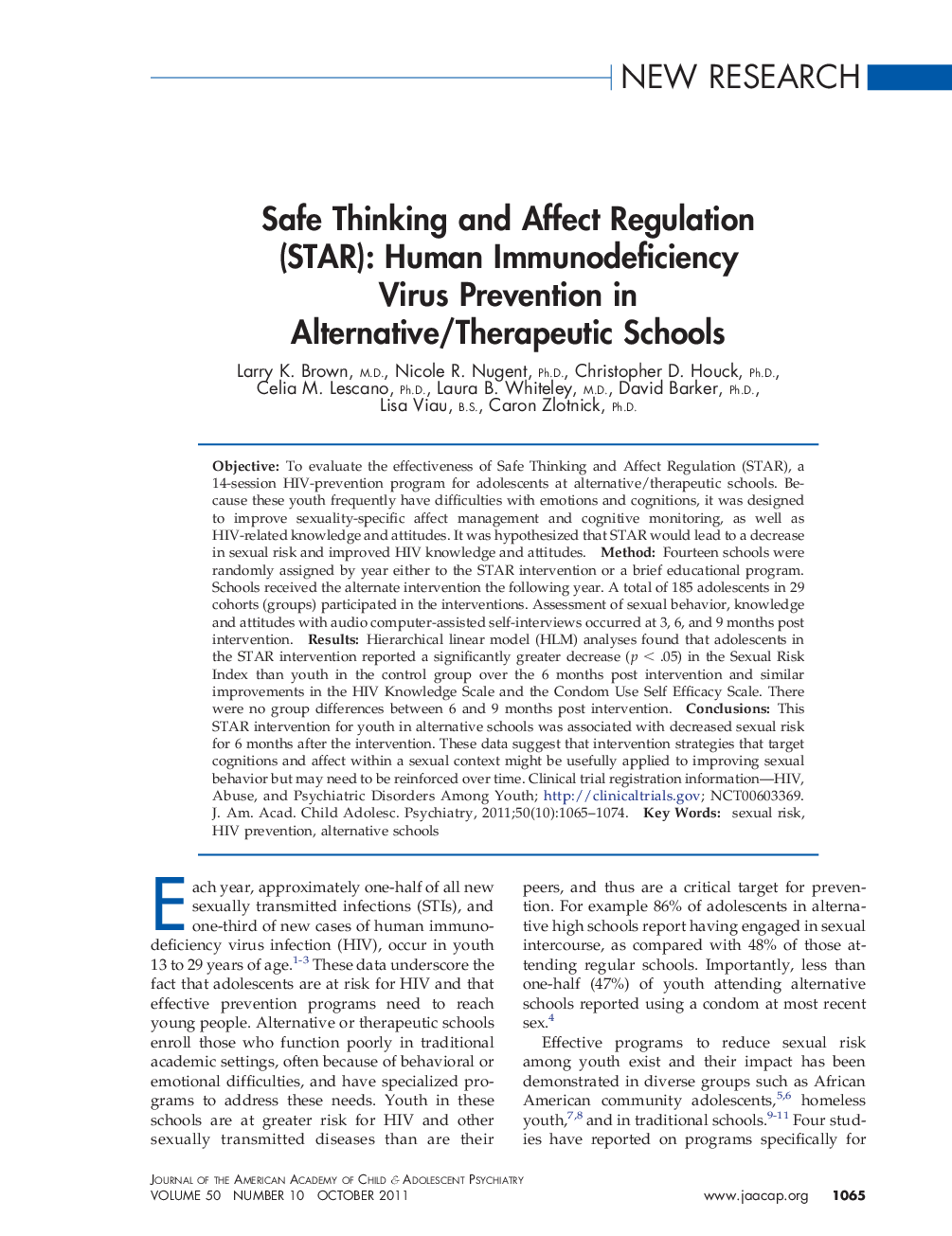 Safe Thinking and Affect Regulation (STAR): Human Immunodeficiency Virus Prevention in Alternative/Therapeutic Schools 