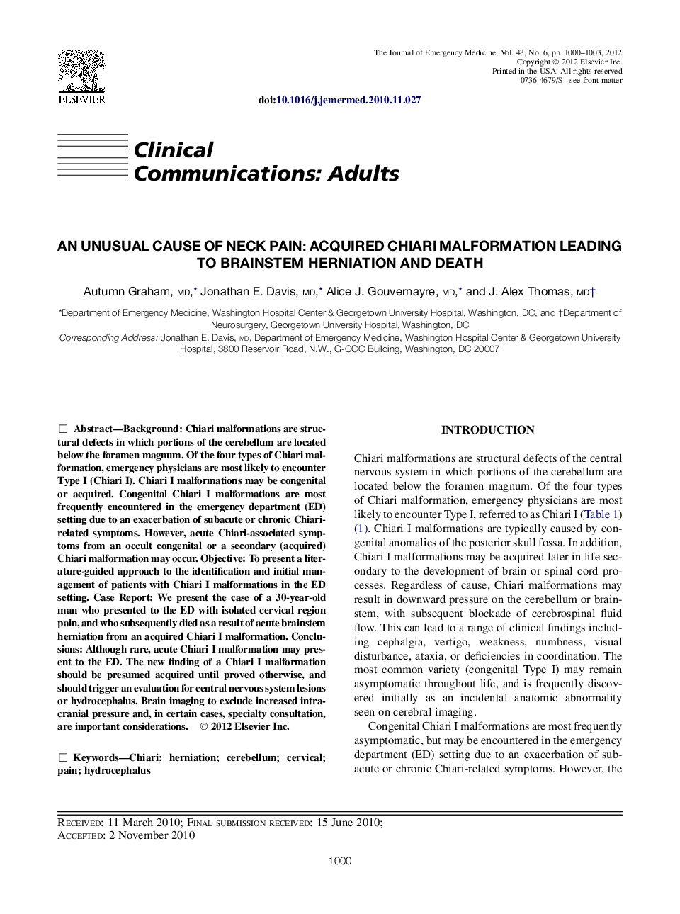 An Unusual Cause of Neck Pain: Acquired Chiari Malformation Leading to Brainstem Herniation and Death