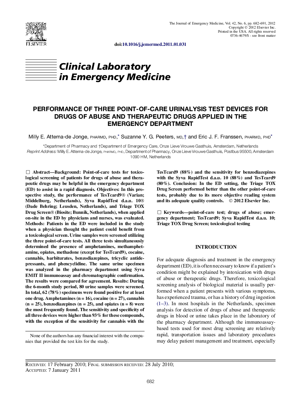 Performance of Three Point-of-care Urinalysis Test Devices for Drugs of Abuse and Therapeutic Drugs Applied in the Emergency Department 