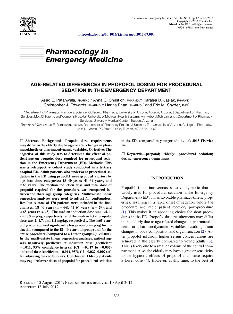 Age-related Differences in Propofol Dosing for Procedural Sedation in the Emergency Department