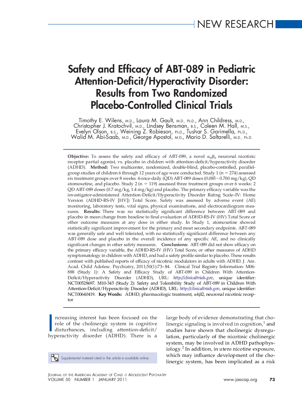 Safety and Efficacy of ABT-089 in Pediatric Attention-Deficit/Hyperactivity Disorder: Results from Two Randomized Placebo-Controlled Clinical Trials