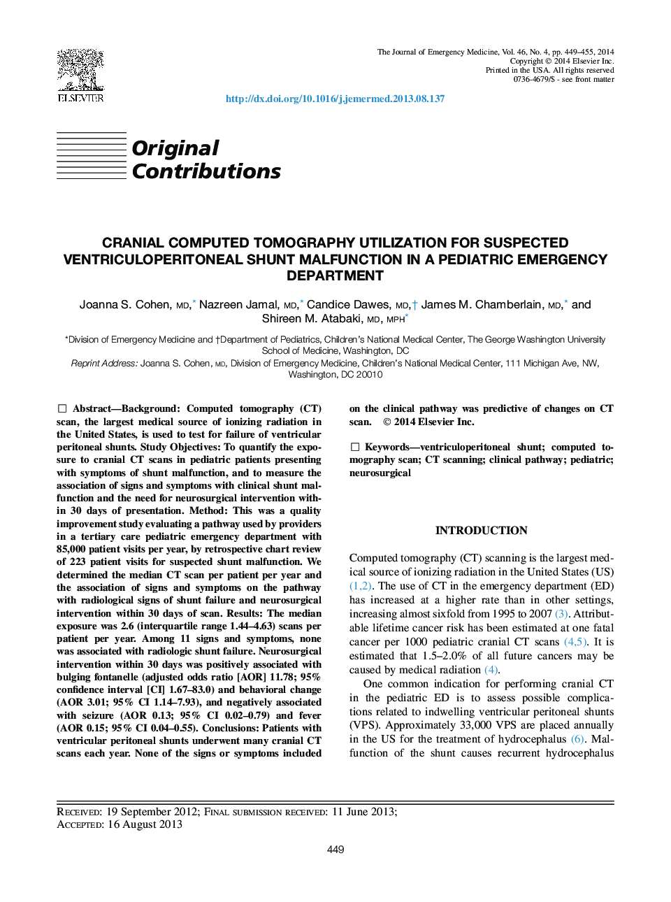 Cranial Computed Tomography Utilization for Suspected Ventriculoperitoneal Shunt Malfunction in a Pediatric Emergency Department