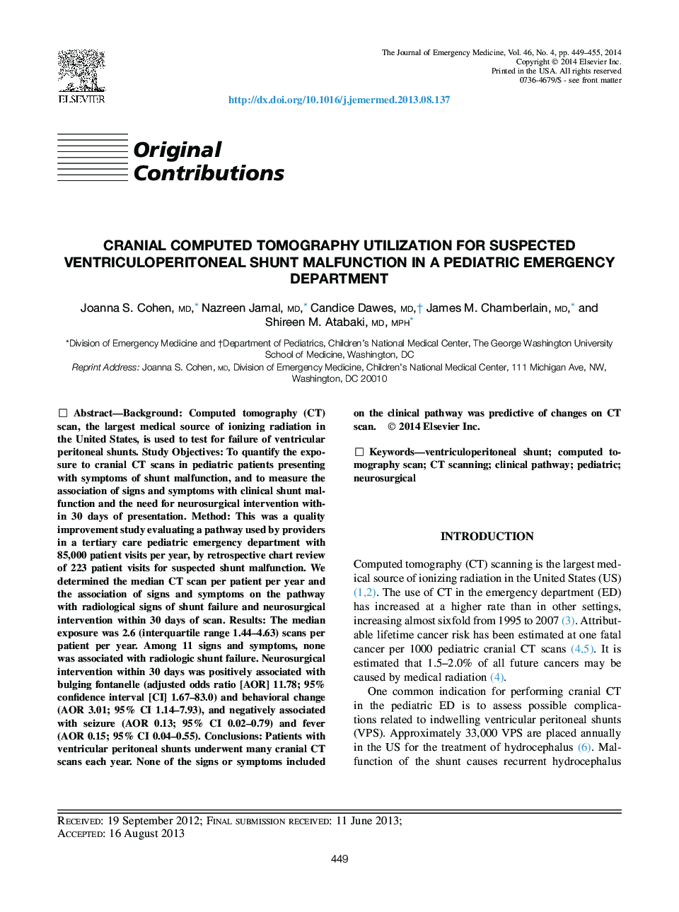 عکس صفحه اول مقاله: Cranial Computed Tomography Utilization for Suspected Ventriculoperitoneal Shunt Malfunction in a Pediatric Emergency Department Cranial Computed Tomography Utilization for Suspected Ventriculoperitoneal Shunt Malfunction in a Pediatric Emergency Department