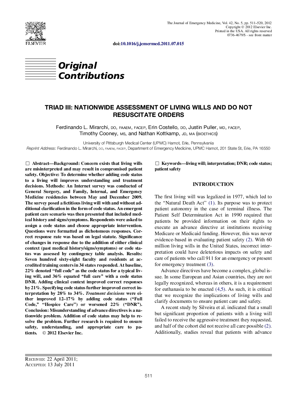 TRIAD III: Nationwide Assessment of Living Wills and Do Not Resuscitate Orders