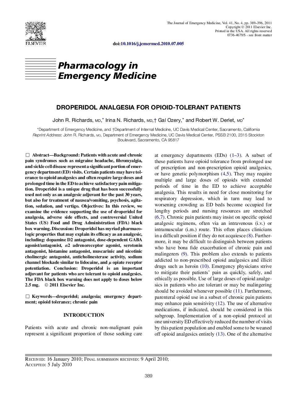 Droperidol Analgesia for Opioid-Tolerant Patients