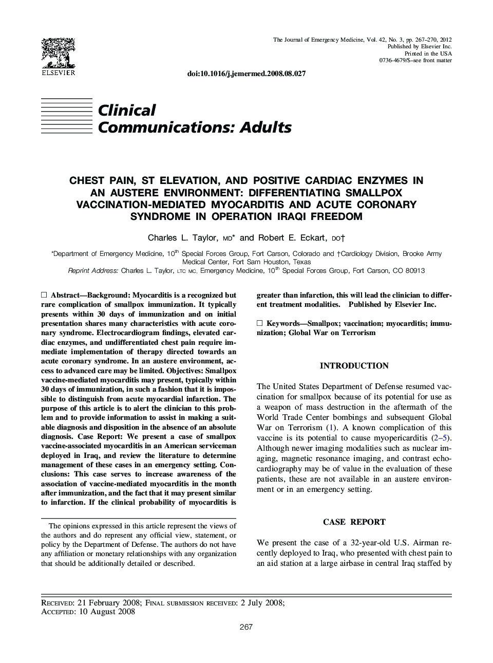 Chest Pain, ST Elevation, and Positive Cardiac Enzymes in an Austere Environment: Differentiating Smallpox Vaccination-mediated Myocarditis and Acute Coronary Syndrome in Operation Iraqi Freedom 