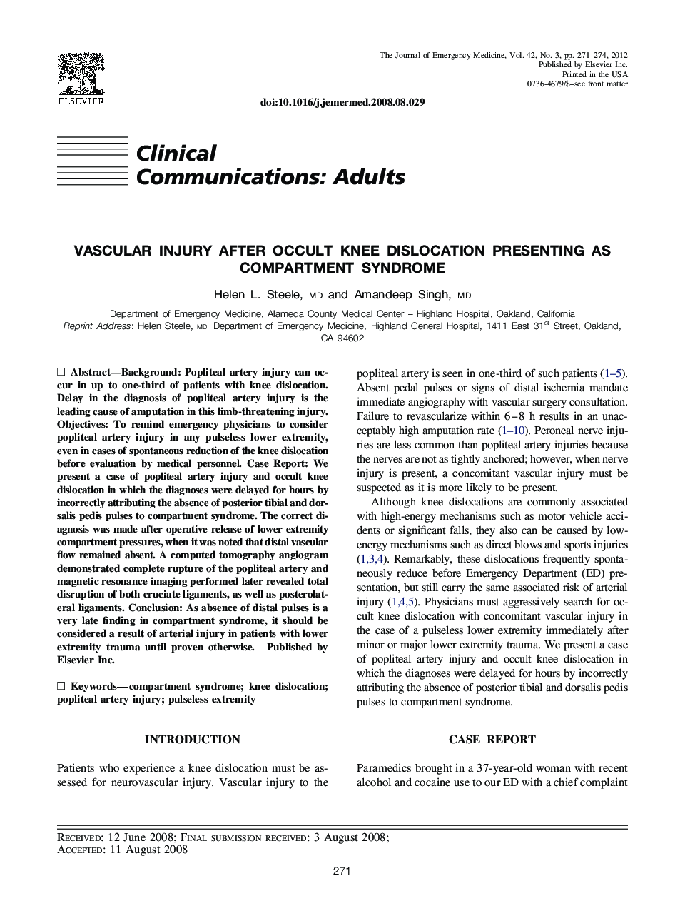 Vascular Injury After Occult Knee Dislocation Presenting as Compartment Syndrome