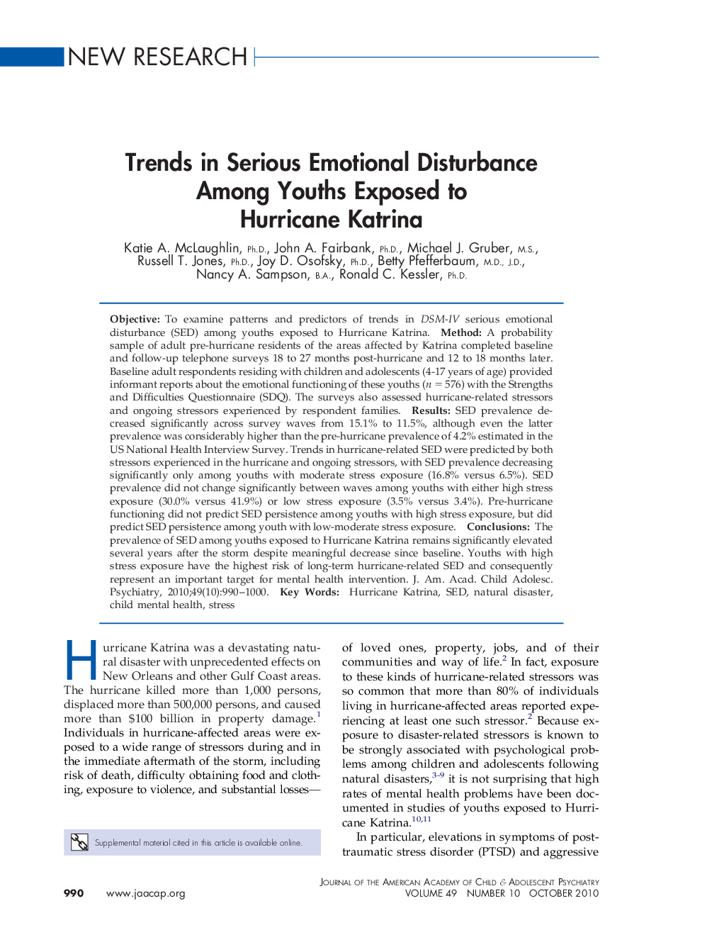 Trends in Serious Emotional Disturbance Among Youths Exposed to Hurricane Katrina