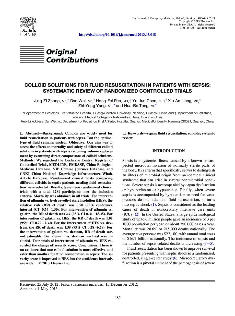 Colloid Solutions for Fluid Resuscitation in Patients with Sepsis: Systematic Review of Randomized Controlled Trials