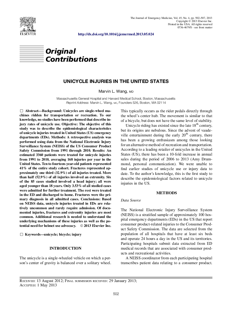 Unicycle Injuries in the United States