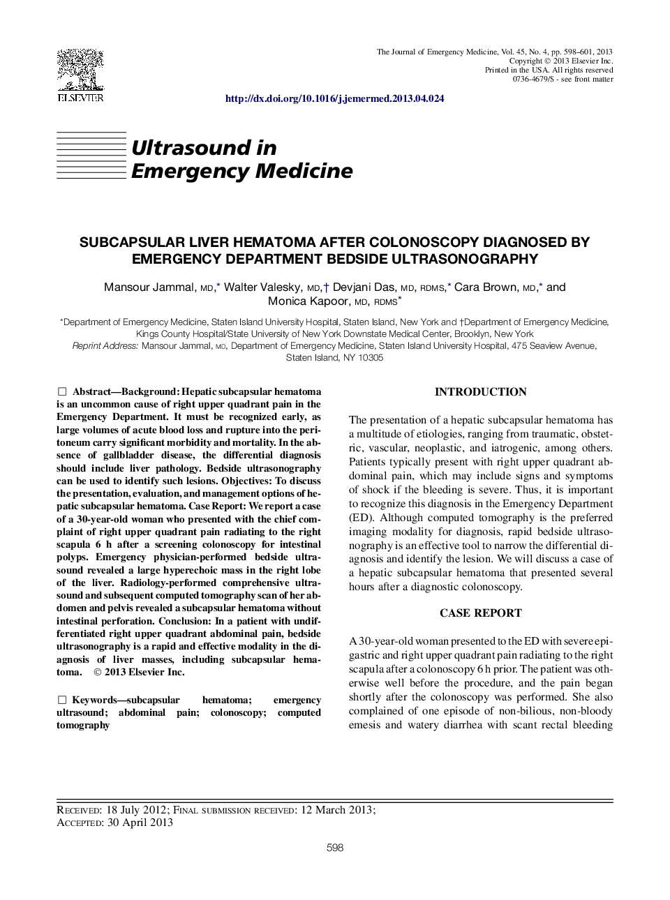 Subcapsular Liver Hematoma after Colonoscopy Diagnosed by Emergency Department Bedside Ultrasonography