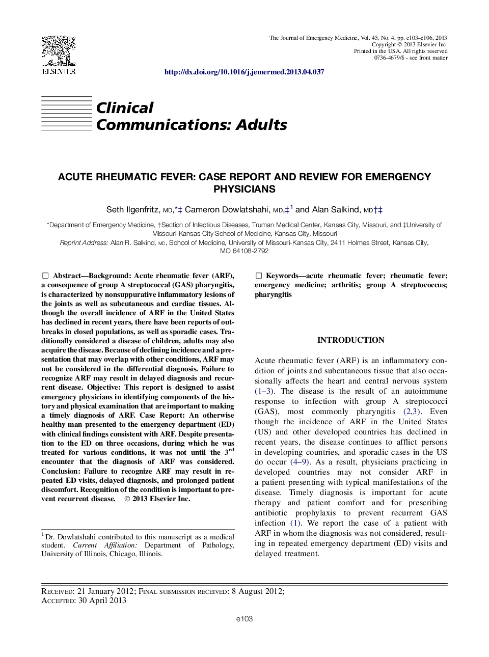 Acute Rheumatic Fever: Case Report and Review For Emergency Physicians