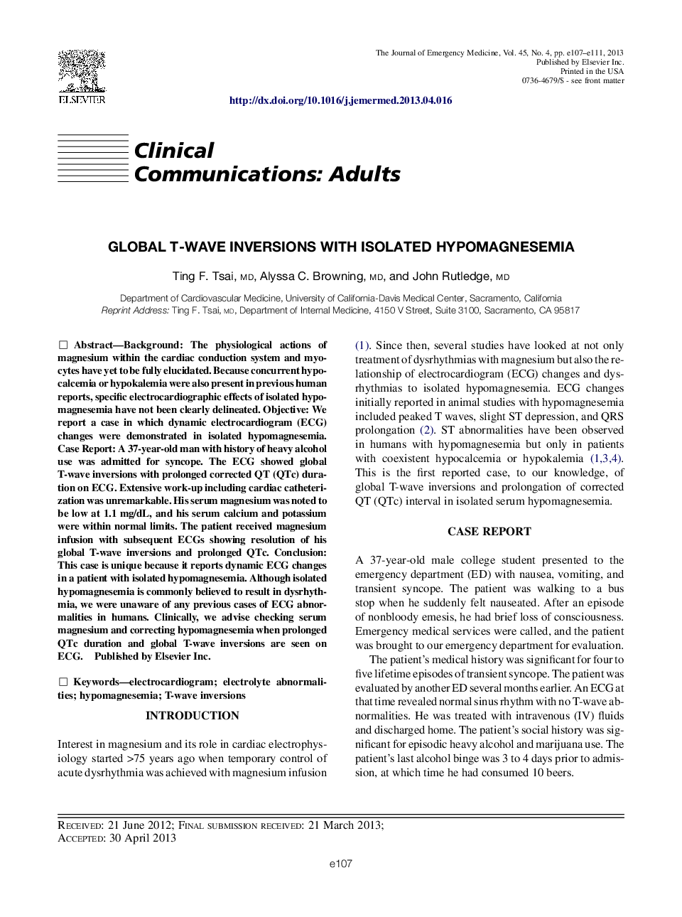 Global T-wave Inversions with Isolated Hypomagnesemia