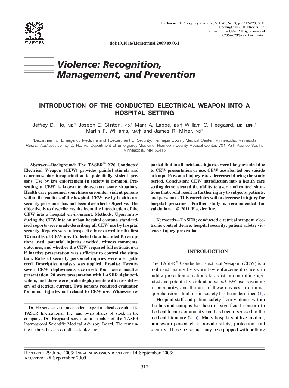 Introduction of the Conducted Electrical Weapon into a Hospital Setting 