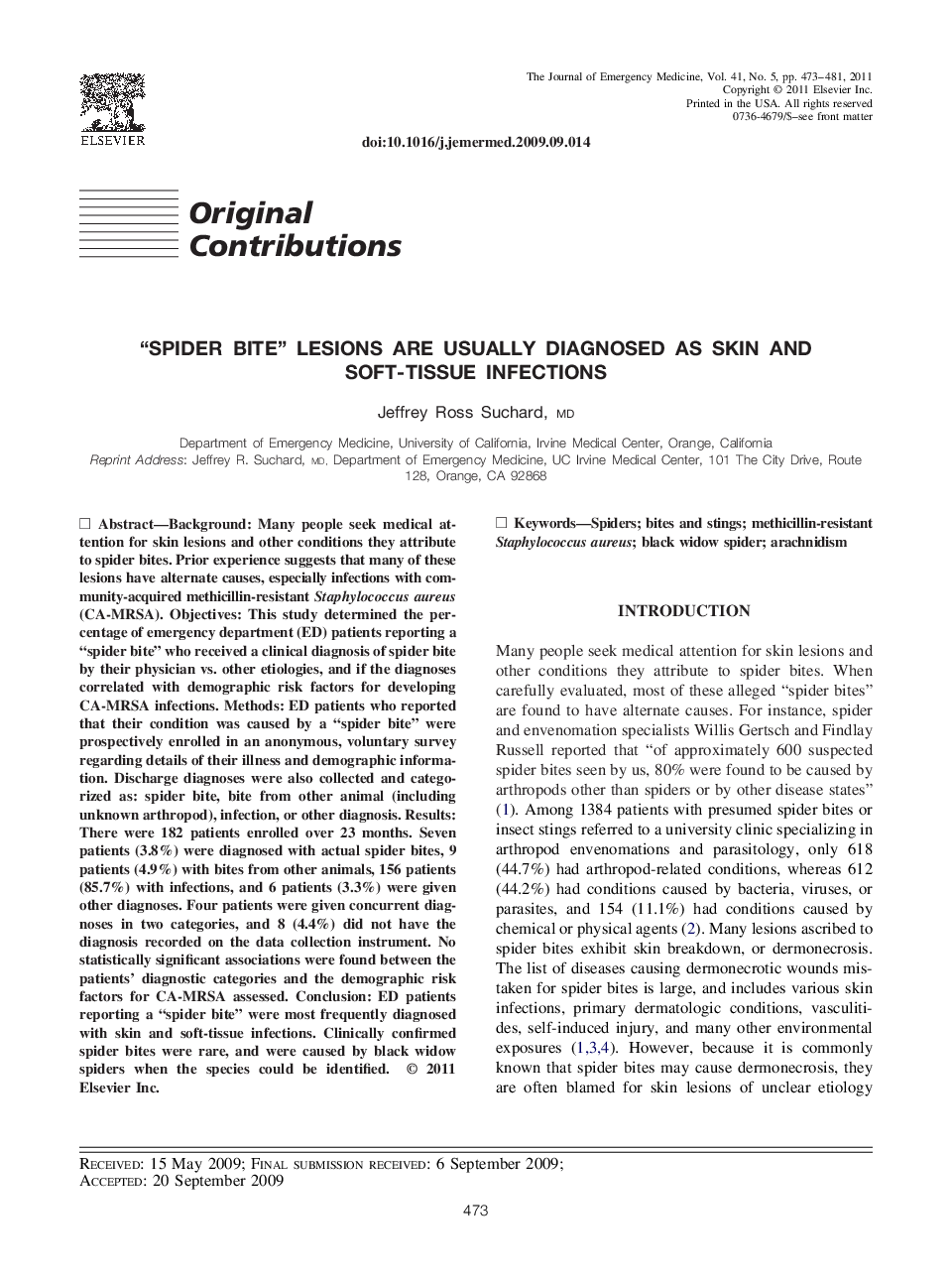 “Spider Bite” Lesions are Usually Diagnosed as Skin and Soft-Tissue Infections