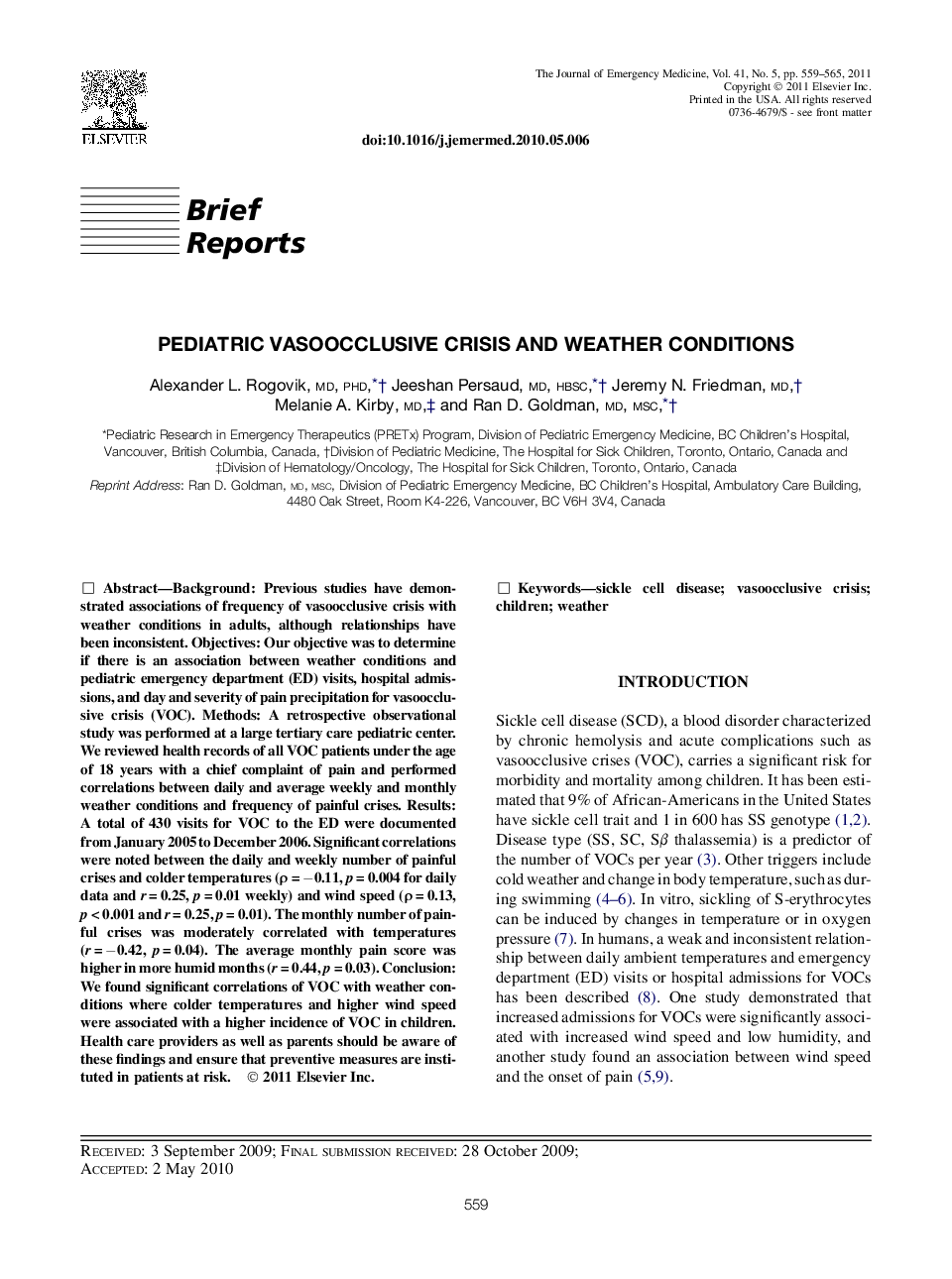 Pediatric Vasoocclusive Crisis and Weather Conditions