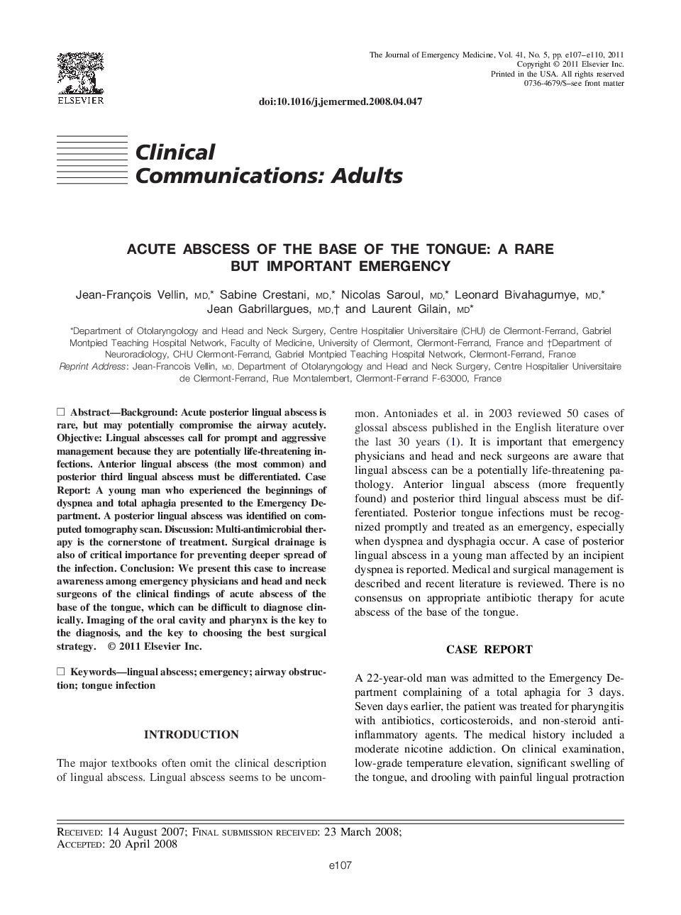 Acute Abscess of the Base of the Tongue: A Rare But Important Emergency