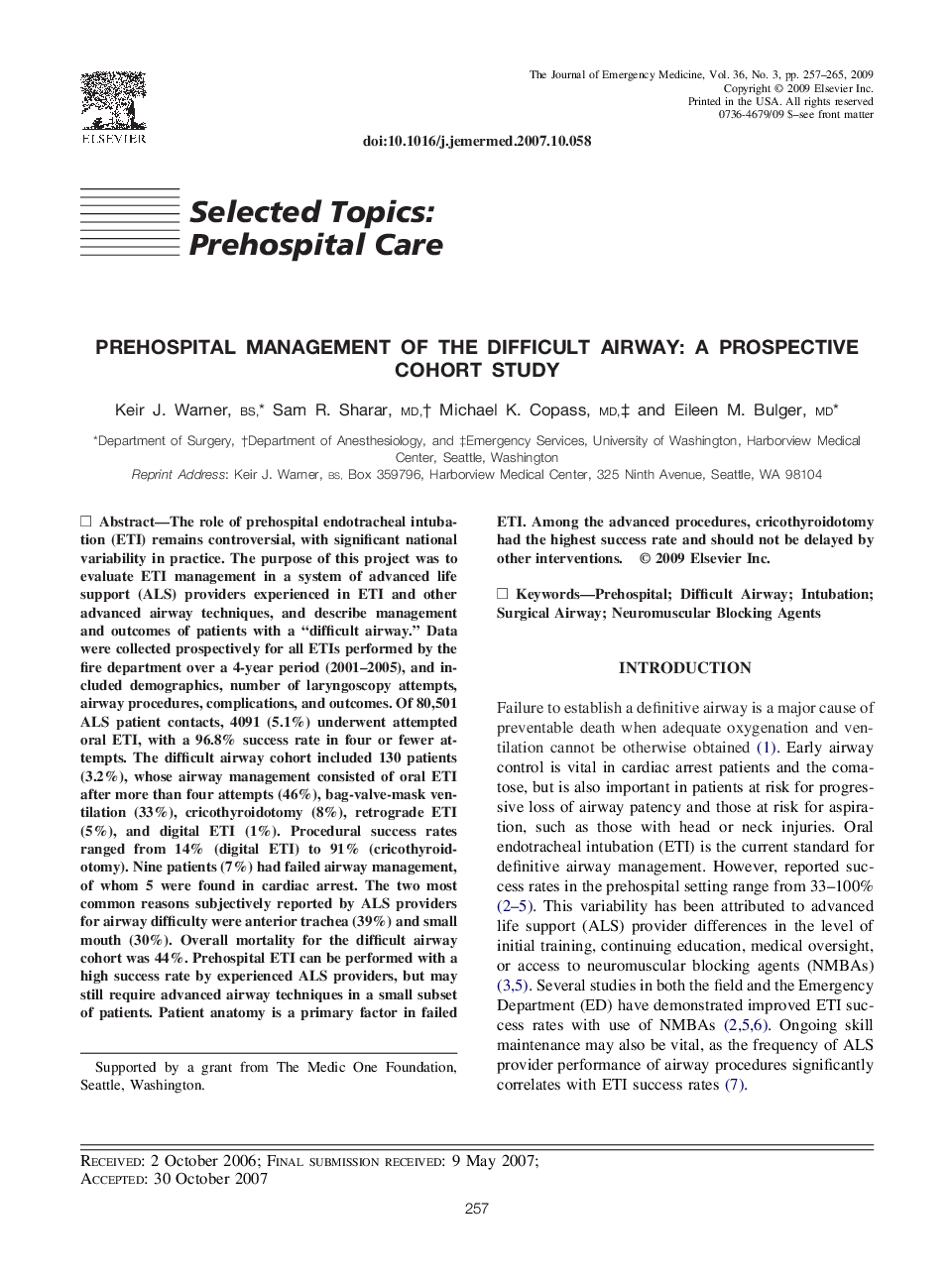 Prehospital Management of the Difficult Airway: A Prospective Cohort Study 