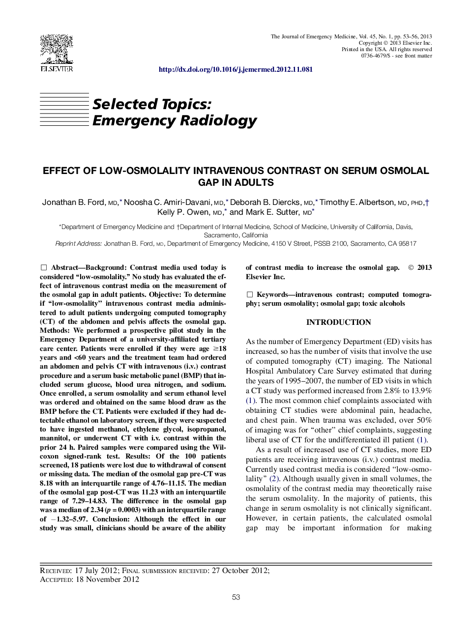 Effect of Low-Osmolality Intravenous Contrast on Serum Osmolal Gap in Adults