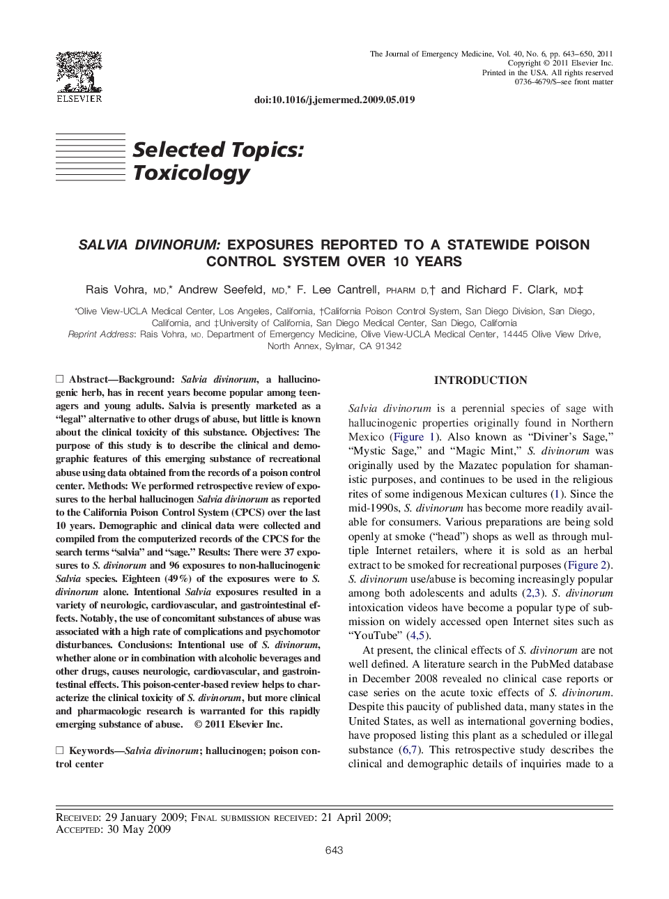 Salvia Divinorum: Exposures Reported to a Statewide Poison Control System Over 10 Years