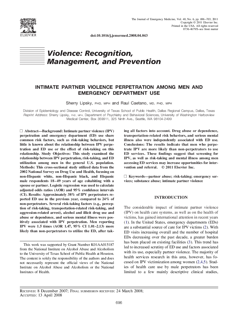 Intimate Partner Violence Perpetration Among Men and Emergency Department Use 