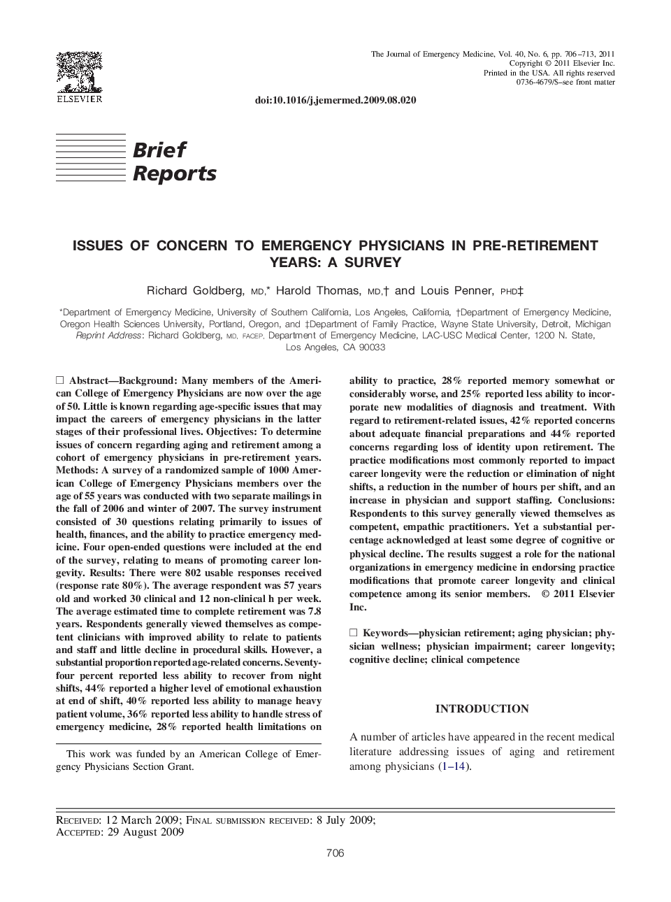 Issues of Concern to Emergency Physicians in Pre-Retirement Years: A Survey 