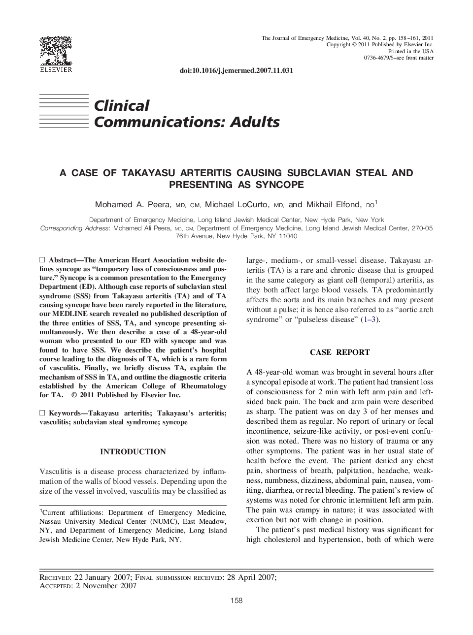 A Case of Takayasu Arteritis Causing Subclavian Steal and Presenting as Syncope