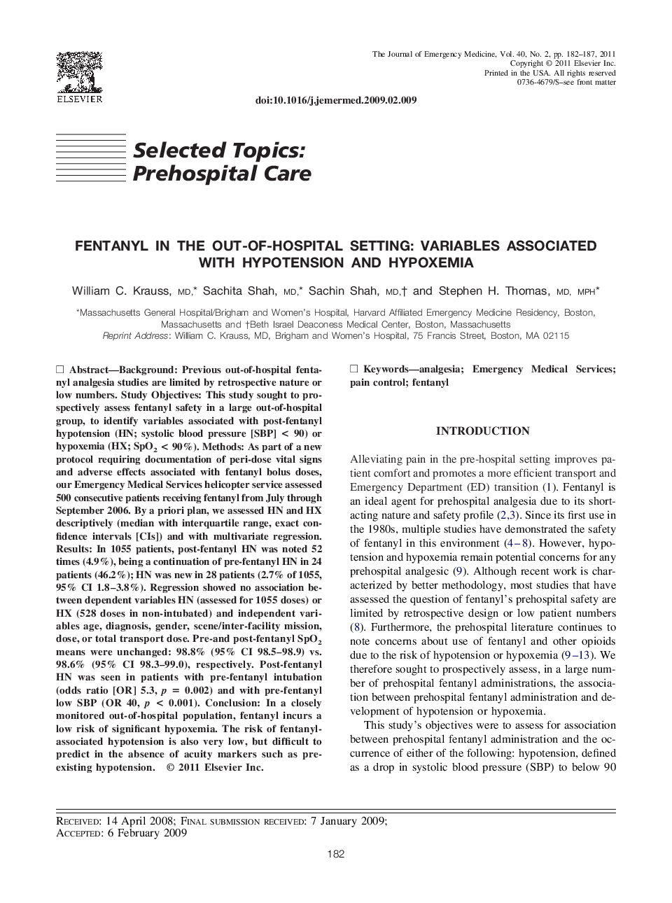 Fentanyl in the Out-of-Hospital Setting: Variables Associated with Hypotension and Hypoxemia