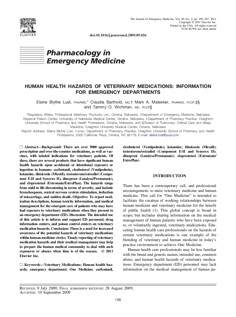 Human Health Hazards of Veterinary Medications: Information for Emergency Departments