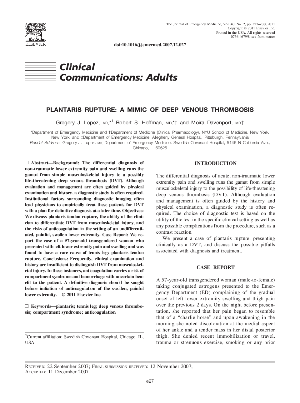 Plantaris Rupture: A Mimic of Deep Venous Thrombosis