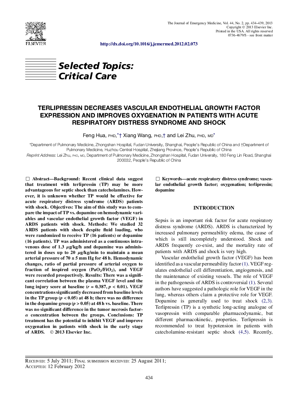 Terlipressin Decreases Vascular Endothelial Growth Factor Expression and Improves Oxygenation in Patients with Acute Respiratory Distress Syndrome and Shock