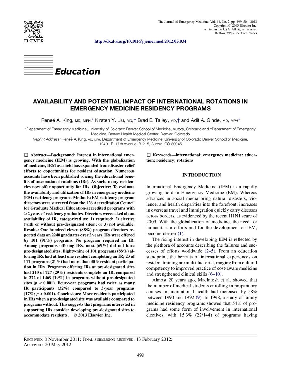 Availability and Potential Impact of International Rotations in Emergency Medicine Residency Programs