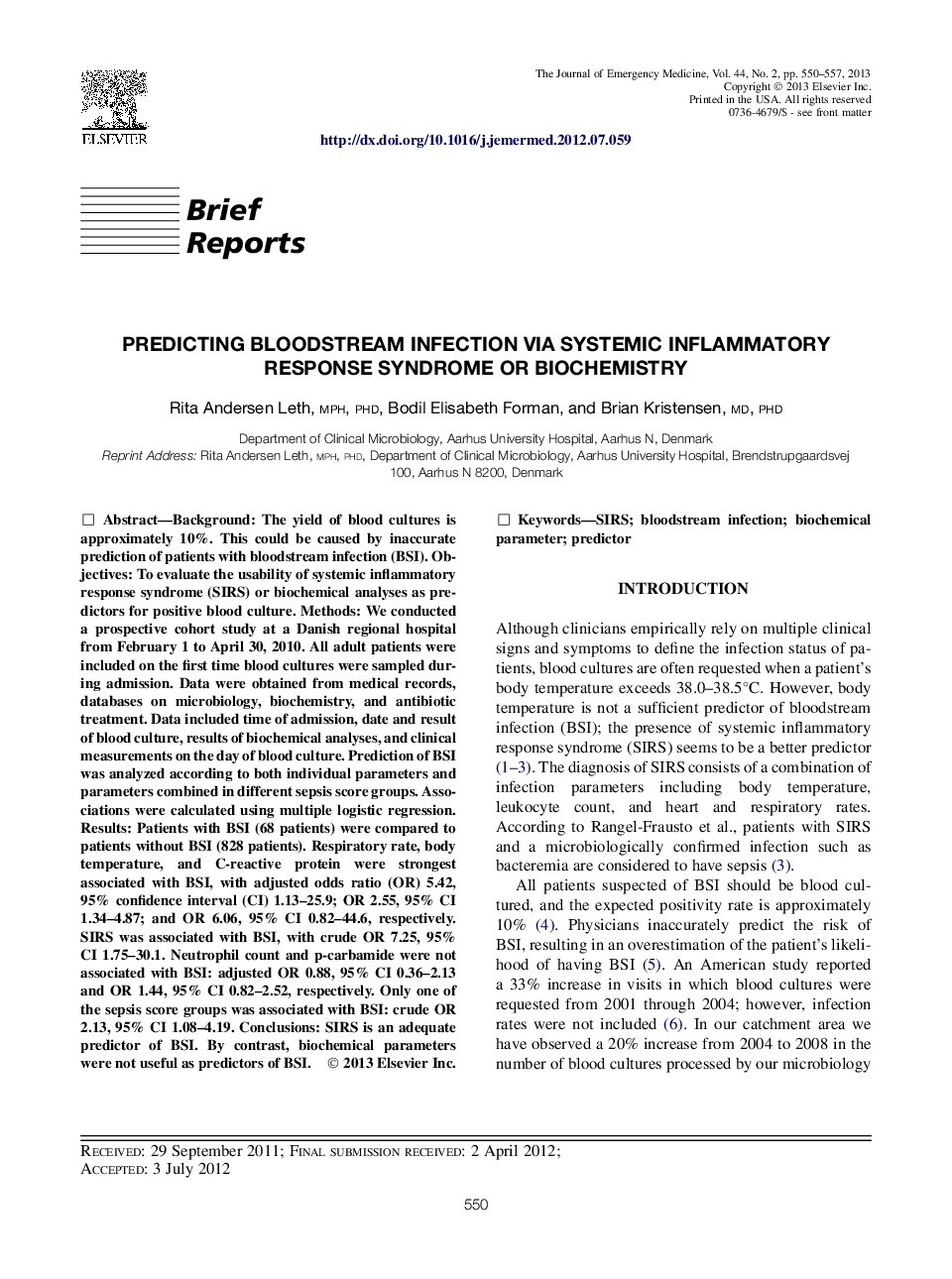 Predicting Bloodstream Infection via Systemic Inflammatory Response Syndrome or Biochemistry